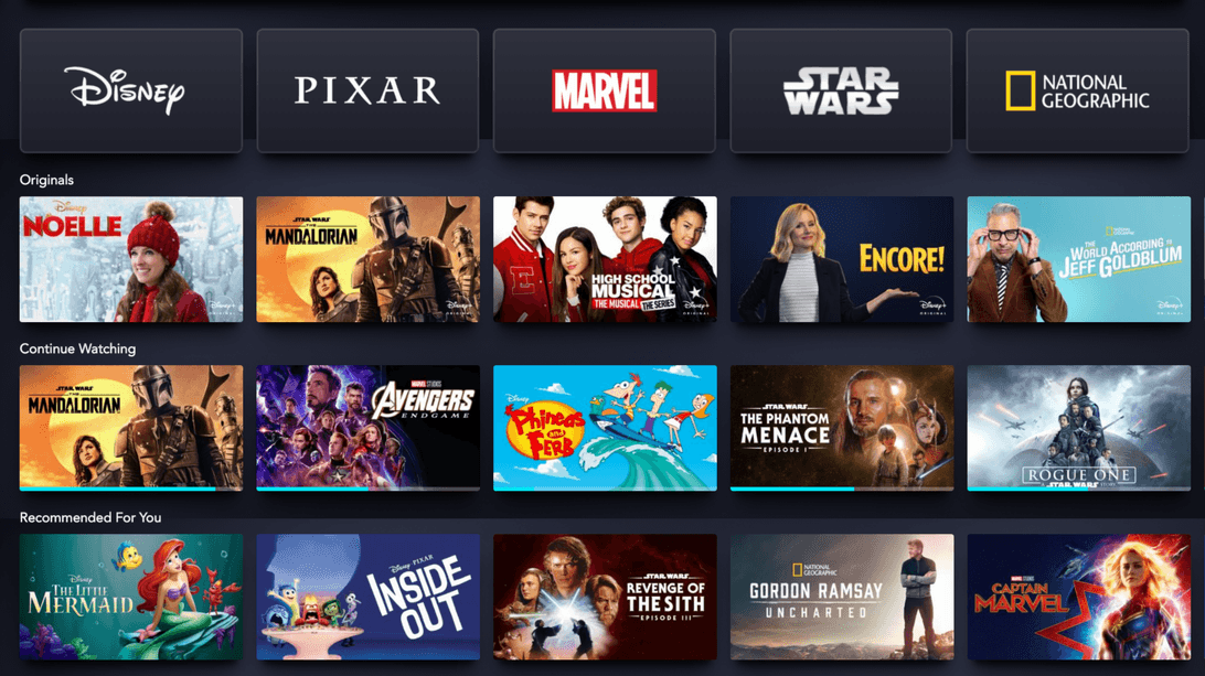 Catálogo series de TV, films, dibujos animados, documentales y mucho más con el contenido de la plataforma Disney Plus