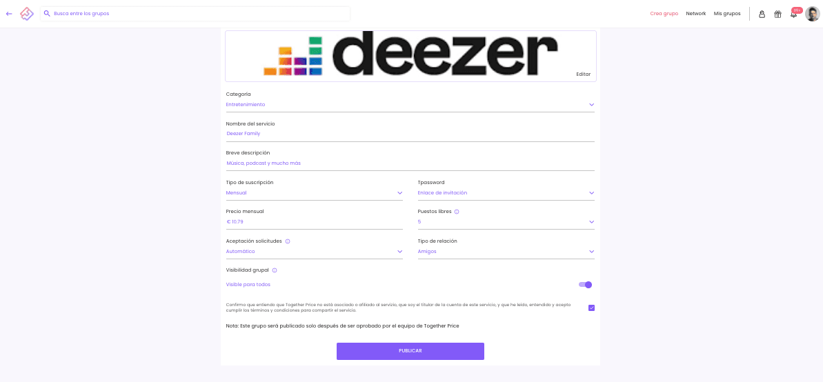 dividir el costo de Deezer con Together Price
