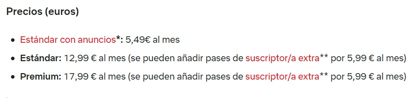 Los tipos de suscripciones y precios de Netflix España.