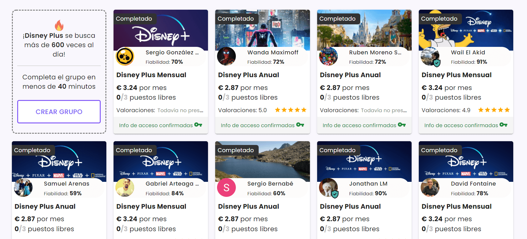Grupos completos de Disney Plus.