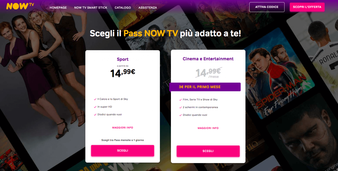 NOW TV pacchetti disponibili