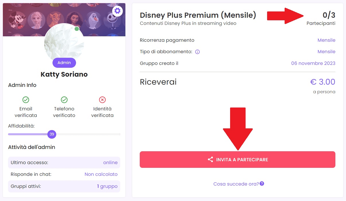 Iscriviti a Together Price come Admin se sei titolare di un account e condividi il servizio Disney per risparmiare.