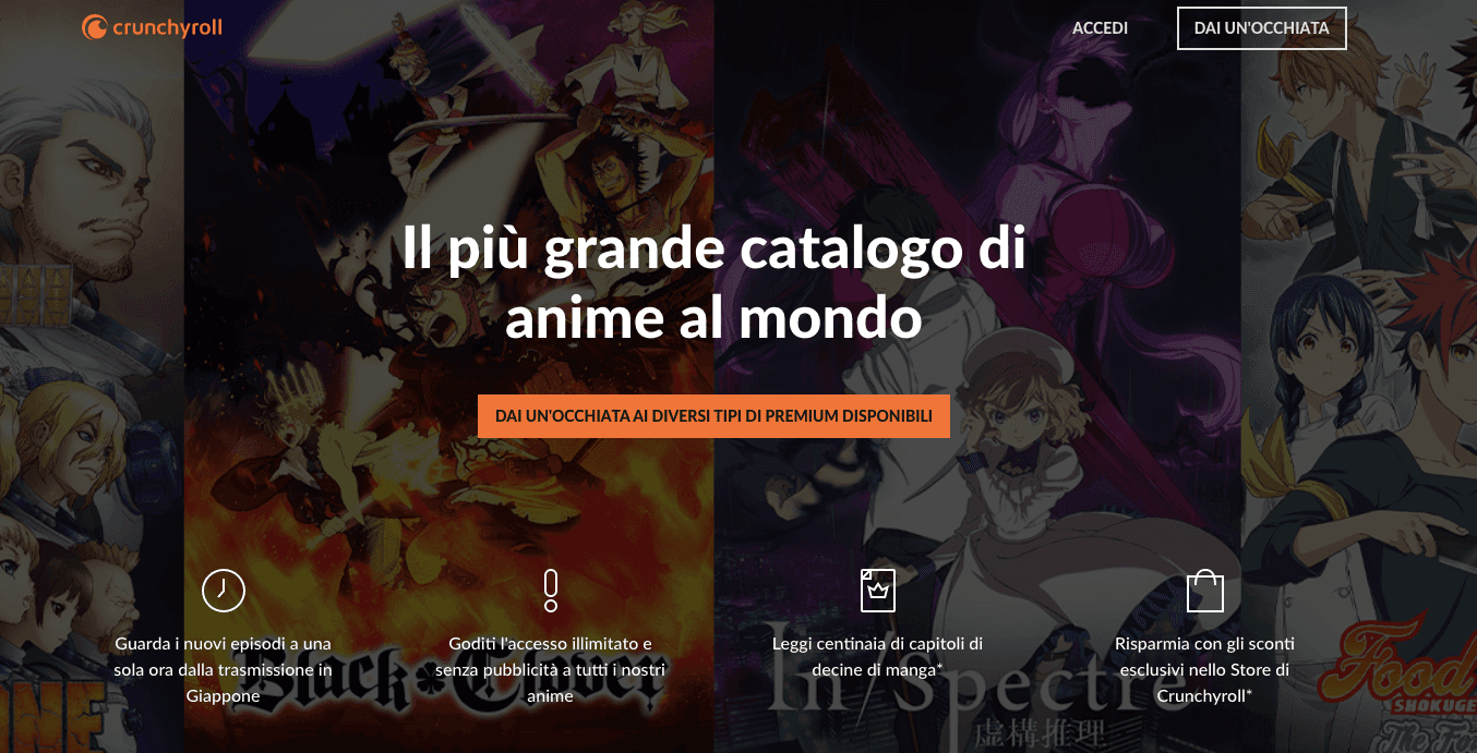 I mega fan possono vedere episodi di anime di vari generi, in streaming senza pubblicità, basta sottoscrivere un abbonamento a Crunchyroll Premium