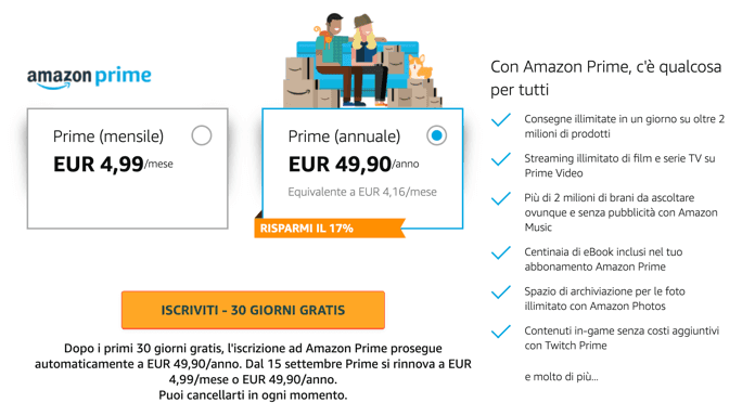 Quanto costa Amazon Prime Video? E' il servizio di streaming gratuito incluso nel tuo abbonamento e commerce a Prime. Dopo i primi 30 giorni di prova gratuita, dovrai pagare per l'abbonamento.