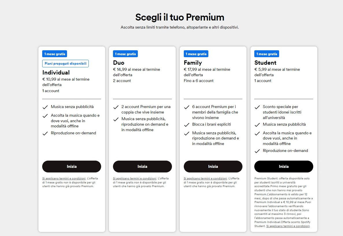 Gli utenti Spotify di musica in streaming potranno scegliere di cambiare piano in qualsiasi momento senza argomenti o motivo, da free a Premium Individual a Premium Famiglia.