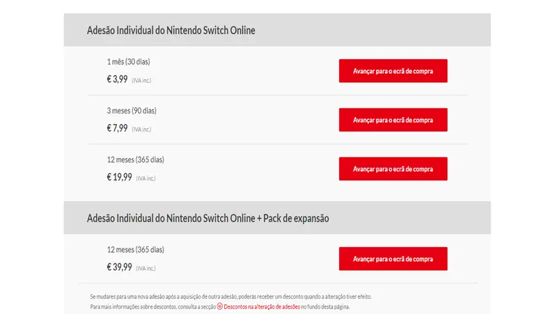 Opções de adesão, Nintendo Switch Online