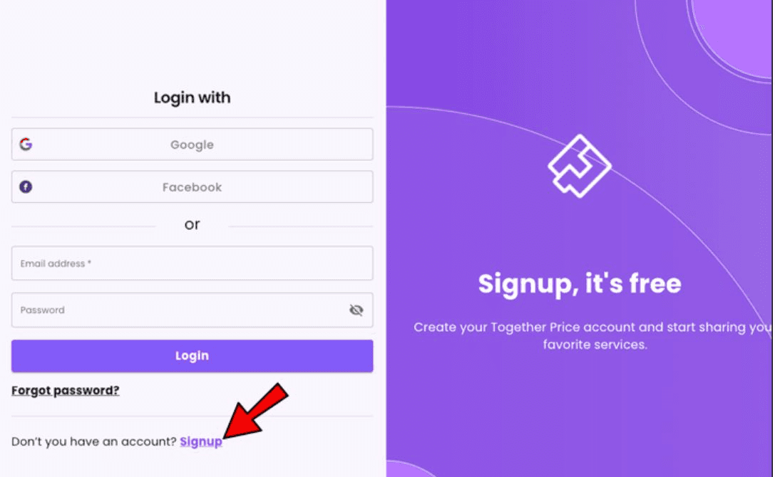 Sign up for free on Together Price. Create your Together Price account and start sharing your favourite services. This shows the sign up and login page. You can sign up with a Google account or a Facebook account or your name and email address. Press the hyperlink under the log in boxes to sign up. 