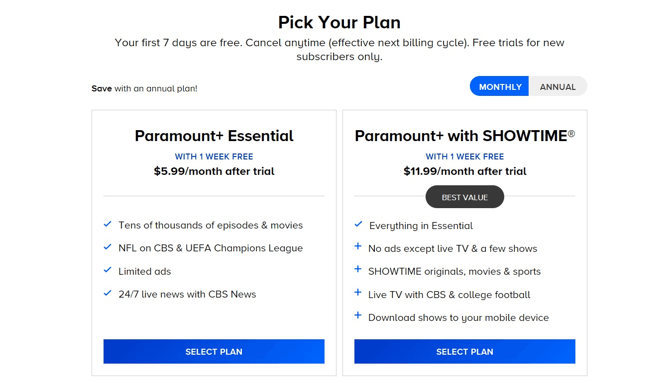 The two plans are the essential and With Showtime plans. 