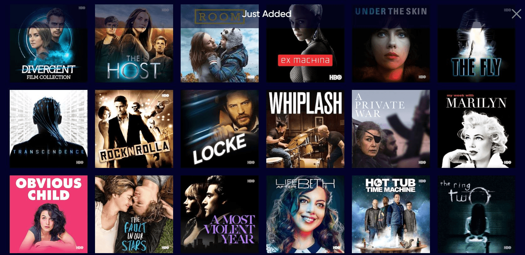 There are a lot of just added shows and movies, including The Fault in Our Stars, Obvious Child, Divergent, The Host, Rock N Rolla, and a Private War.
