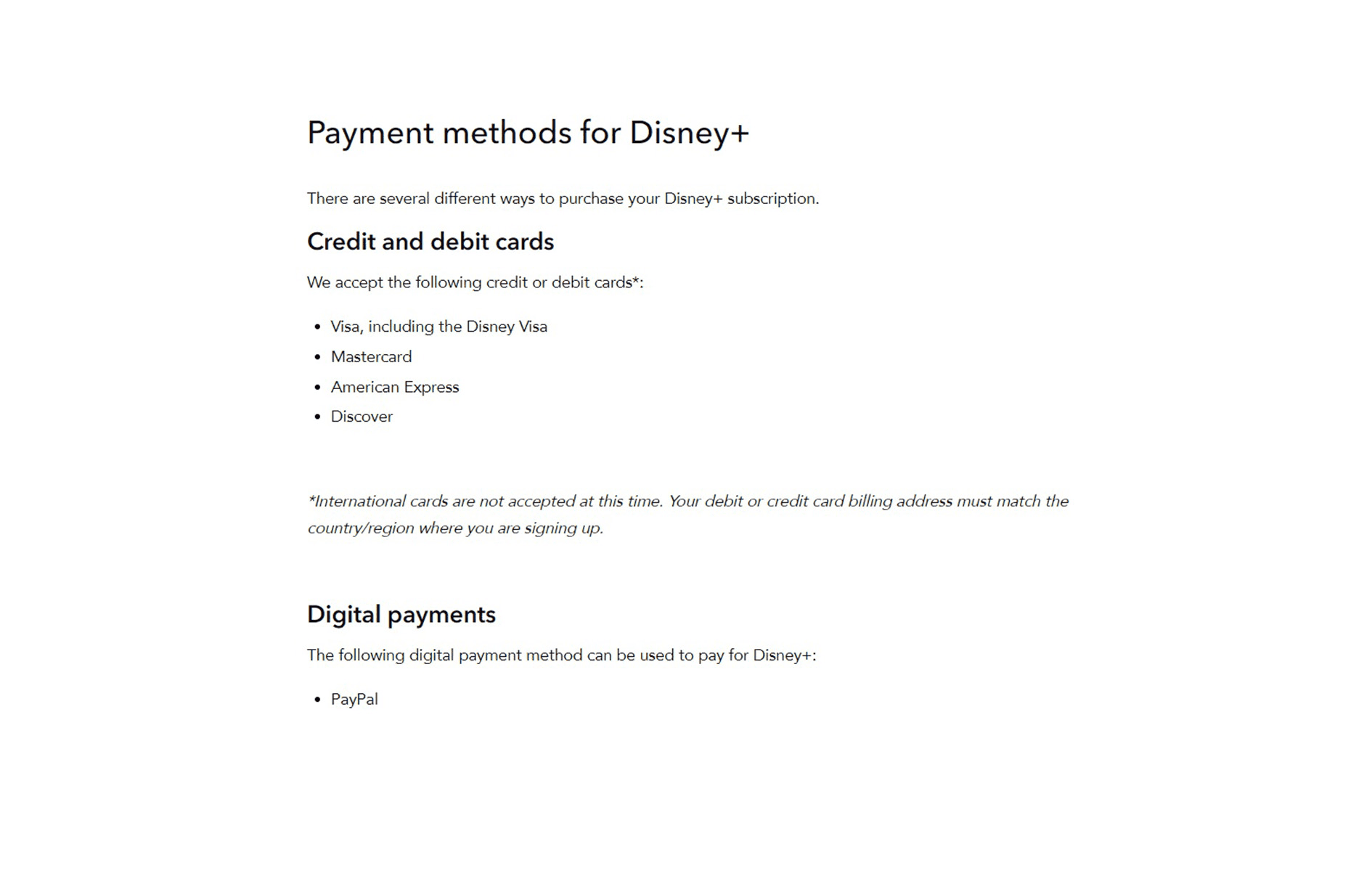 Disney Plus payment options through card or PayPal.