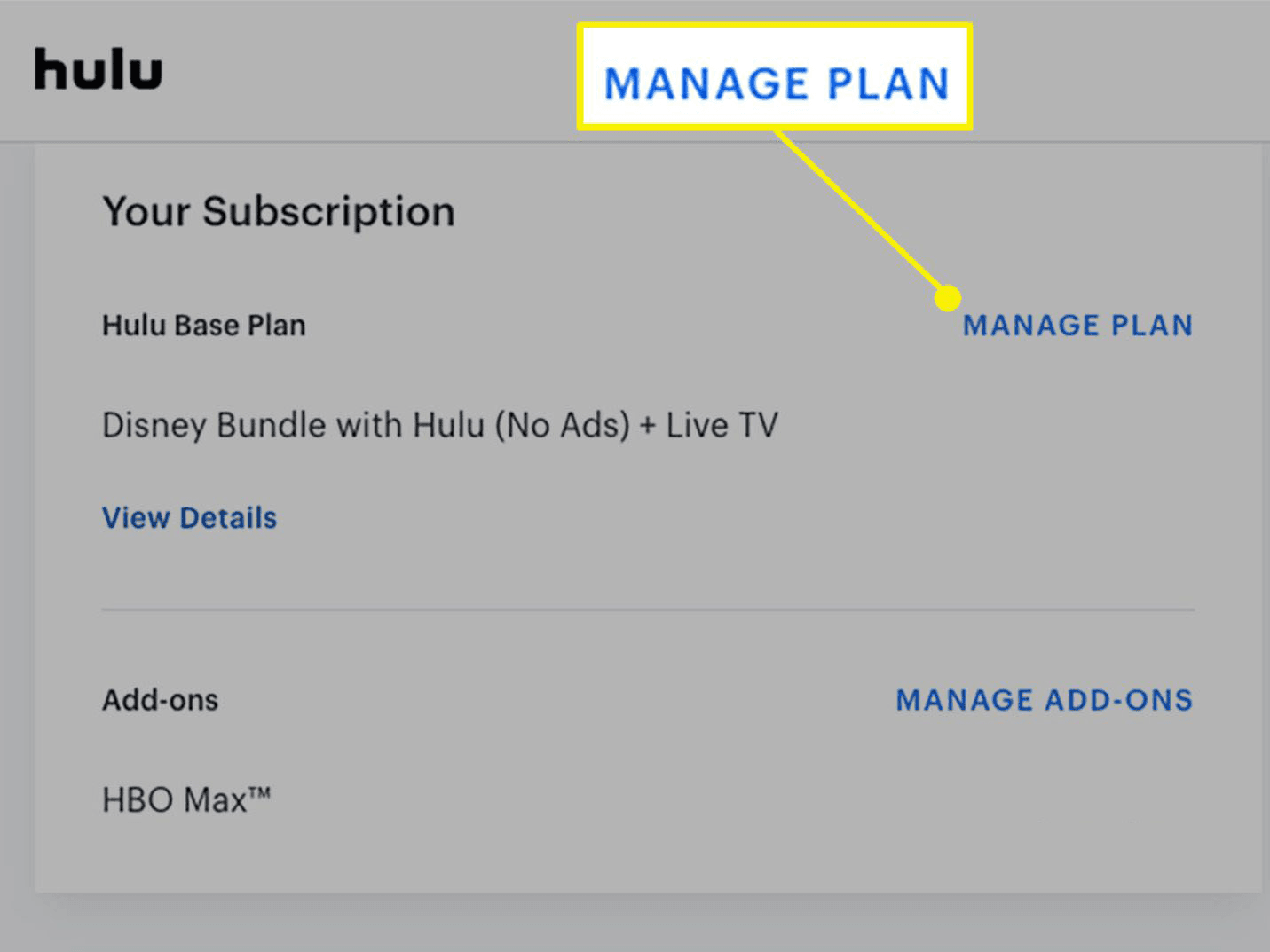 Click Manage Plan to change your account settings on the Hulu site.