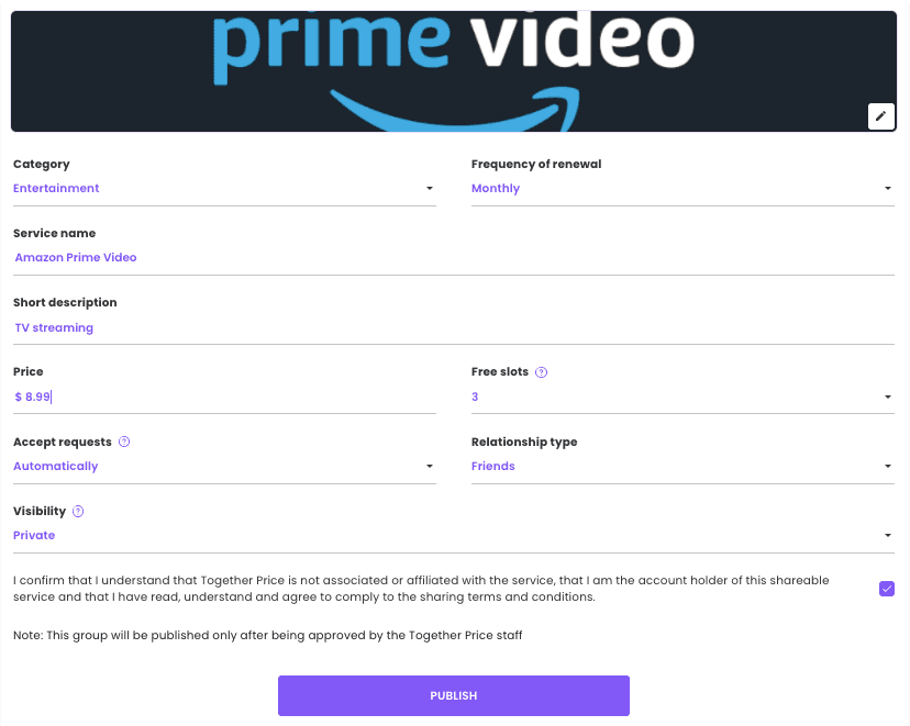 How to create a amazon prime video sharing group