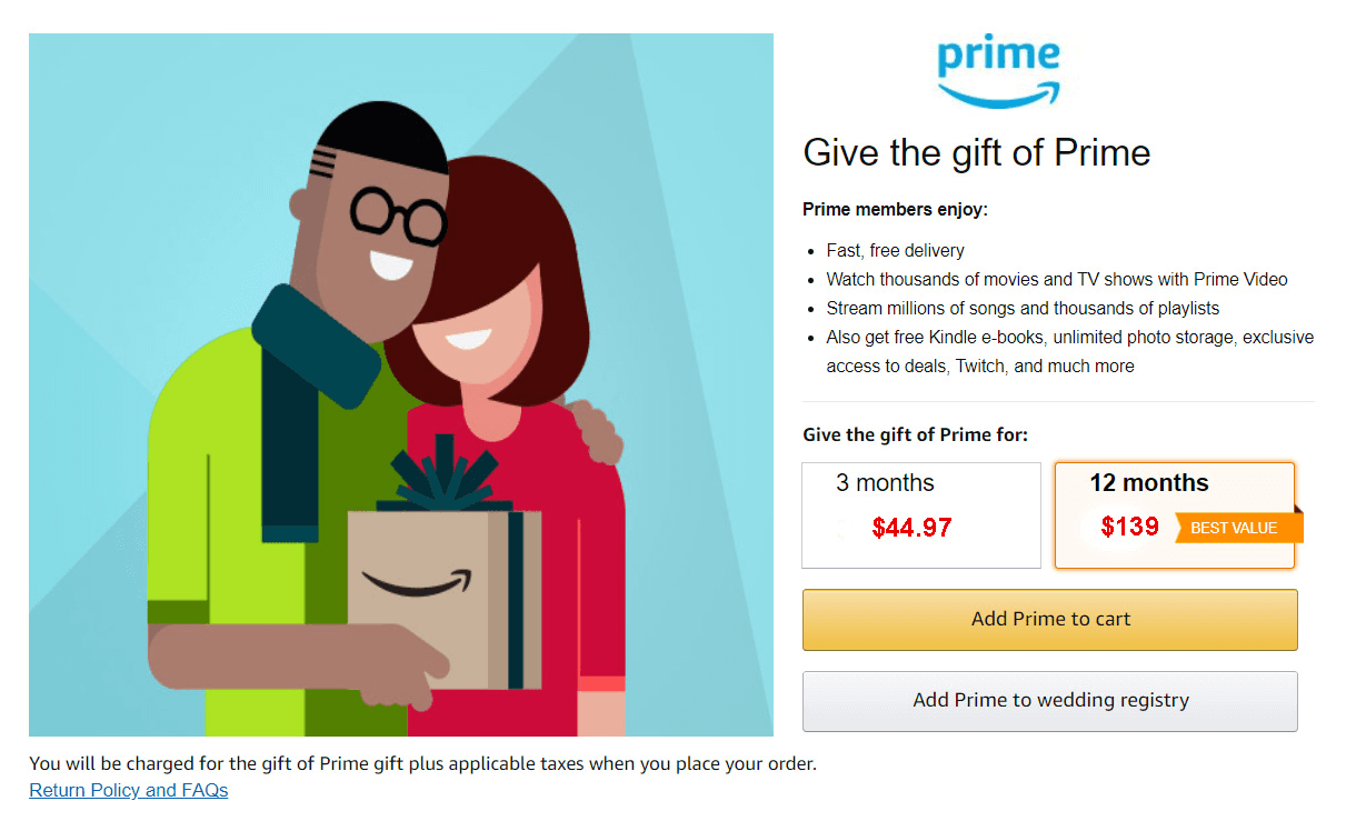 Buy Amazon Prime gift subscription services for a friend or family member.