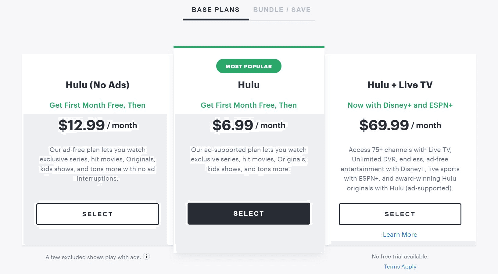 The Hulu Premium account basic plans. These Hulu account plans have a free trial option. 