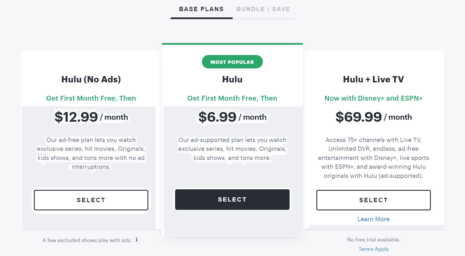 Hulu Basic plans and prices