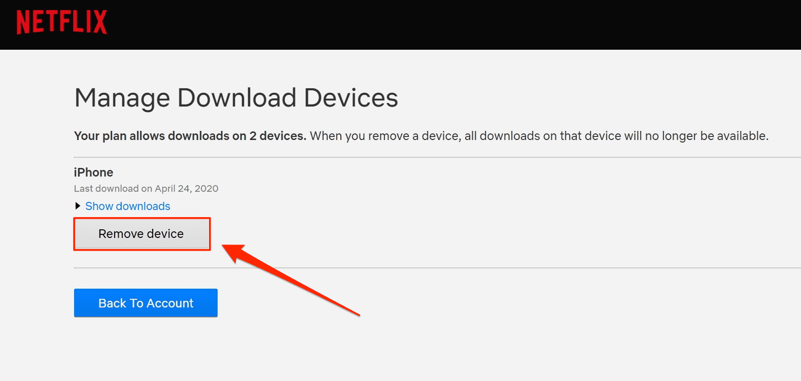 Manage the devices connected to your account page