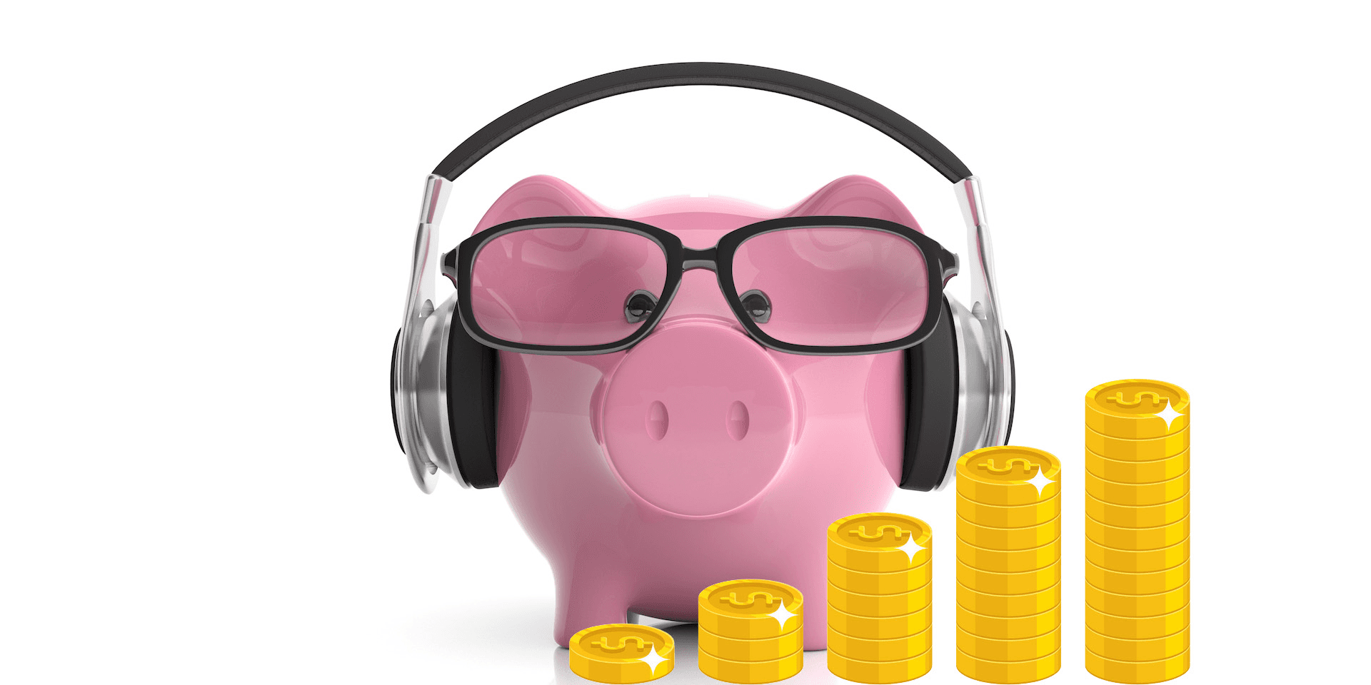 A piggy bank wearing headphones and saving money. 