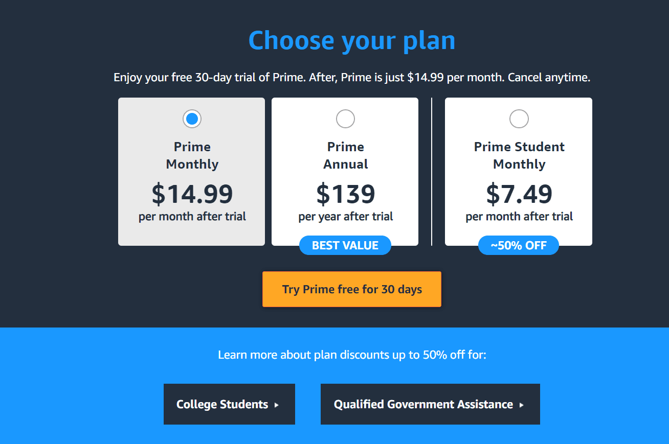 Amazon Prime subscription pricing