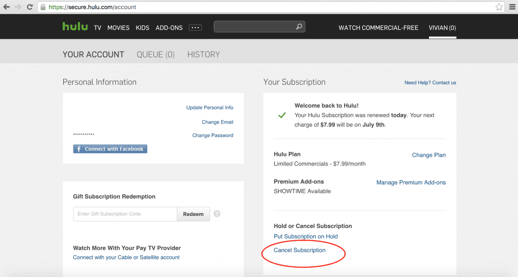 Cancel Subscription on Hulu