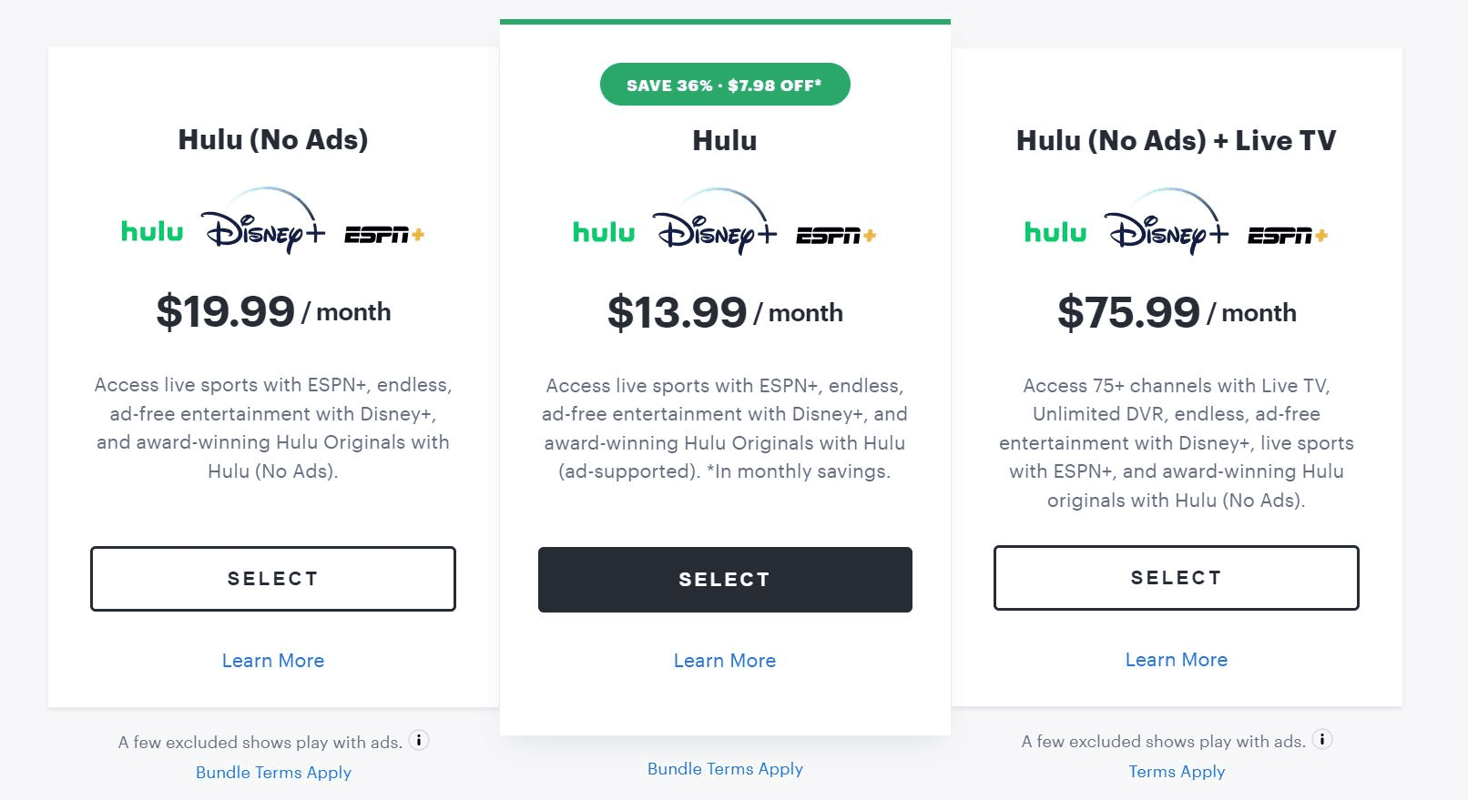Hulu Bundle Plans and Prices includes an ad supported bundle and an ad free bundle. Each of these plans get you access to ESPN and Disney Plus. 